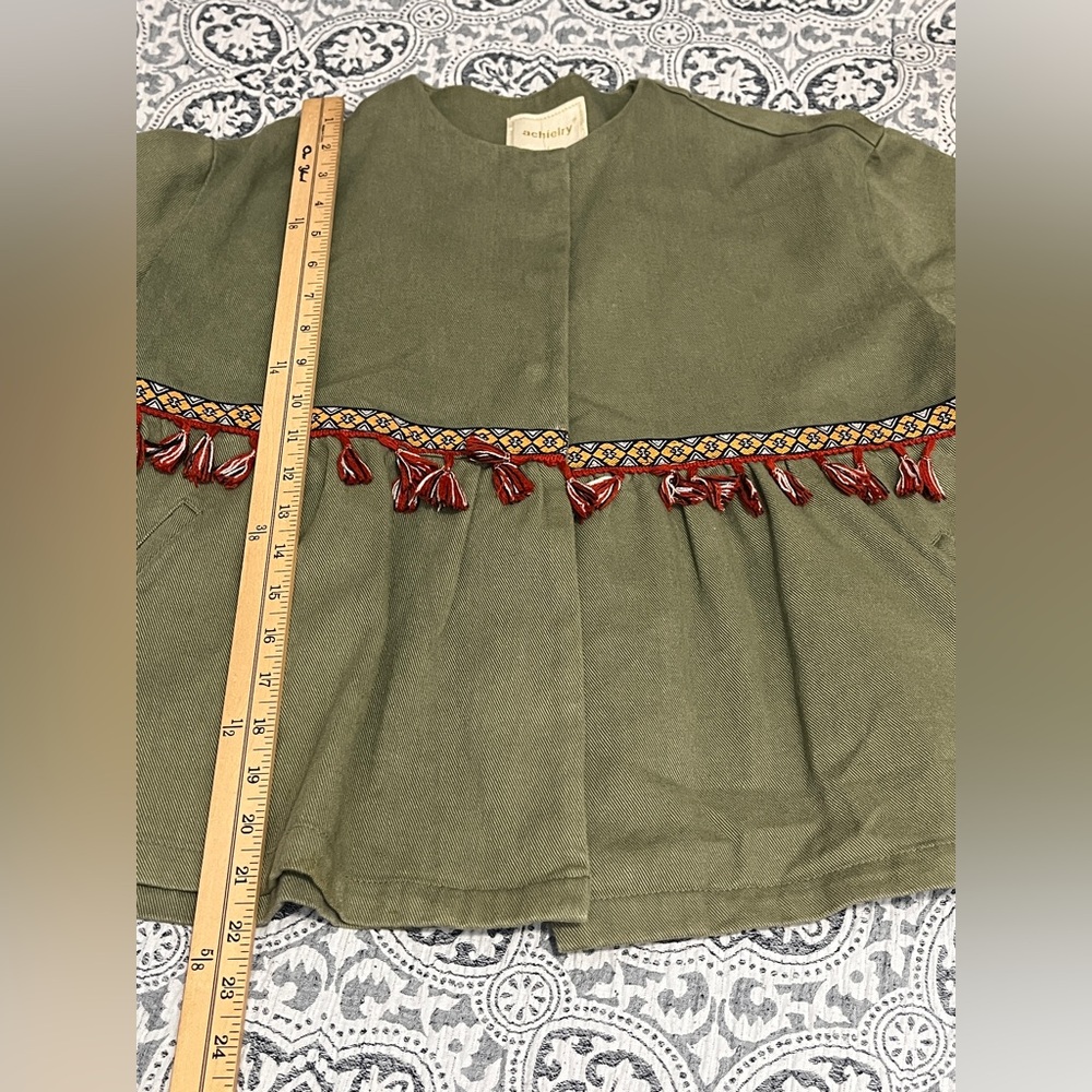 Olive Green Tassel Trim Oversized Boho Aztec Jean Jacket Large - Picture 9 of 10